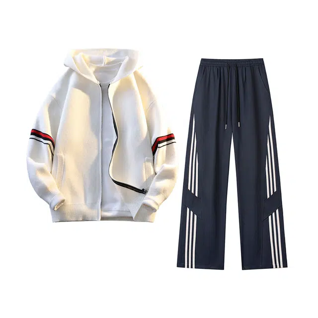 素杭 美式重磅针织帽衫撞色条纹连帽开衫搭配设计感拼接直筒阔腿长裤两件套潮流穿搭一整套休闲运动套装 男女同款