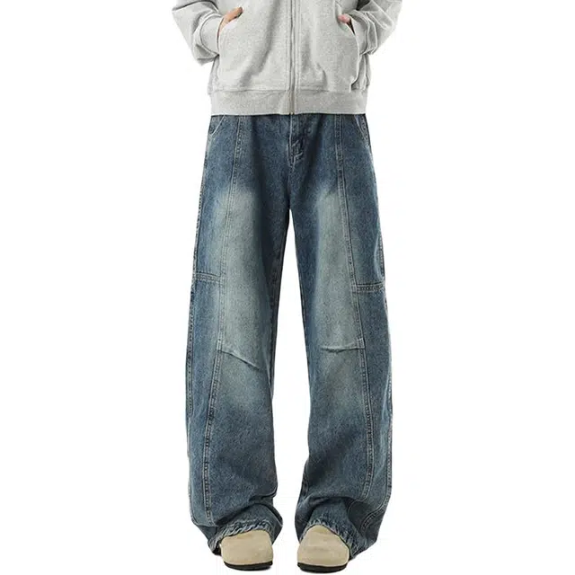 佐菲利 美式复古水洗拼接高街解构直筒长裤设计感做旧阔腿裤子牛仔裤 男女同款
