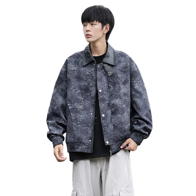 洋气先生 美式复古扎染翻领拉链工装飞行员春秋季高街潮牌显瘦休闲嘻哈街头撞色日常穿搭出行潮流百搭宽松大码上衣外套夹克 男女同款