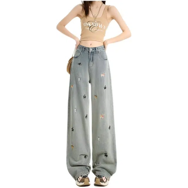 木木兔 潮流时尚秋季裤子女 童趣阔腿宽松拖地裤高腰显瘦直筒裤百搭 牛仔裤 女款