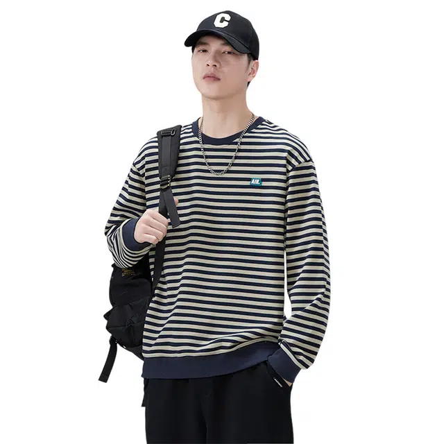 赛瀚 美式圆领卫衣男款高级感条纹休闲时尚秋季厚款百搭舒适亲肤男装上衣宽松显瘦显高青少年高街外穿通勤男士长袖衣服 男女同款