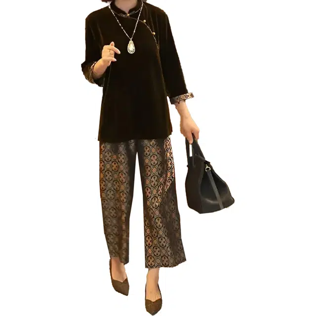 敲模女孩 法式慵懒风洋气复古时尚盘扣印花宽松上衣高腰显瘦阔腿长裤休闲套装 女款