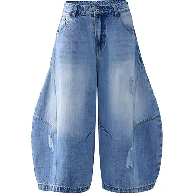 拾个壹先生 美式复古高街痞帅潮流独特别致超好看廓形气球裤无性别主义穿搭亲肤柔软时尚舒适个性宽松百搭小众七分弯刀灯笼裤牛仔裤 男女同款