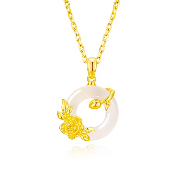 【心动告白】 央创时尚 中国黄金 玫瑰平安扣锁骨链 浪漫不凋零轻奢中式小众设计百搭气质女生 礼盒 好运天然 玉髓 项链 女款