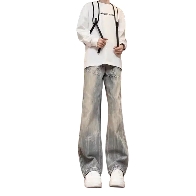 虫小绿 韩版美式高街复古闪电爆裂纹水洗做旧小众高腰直筒微喇拖地显高显瘦长裤牛仔裤 男女同款