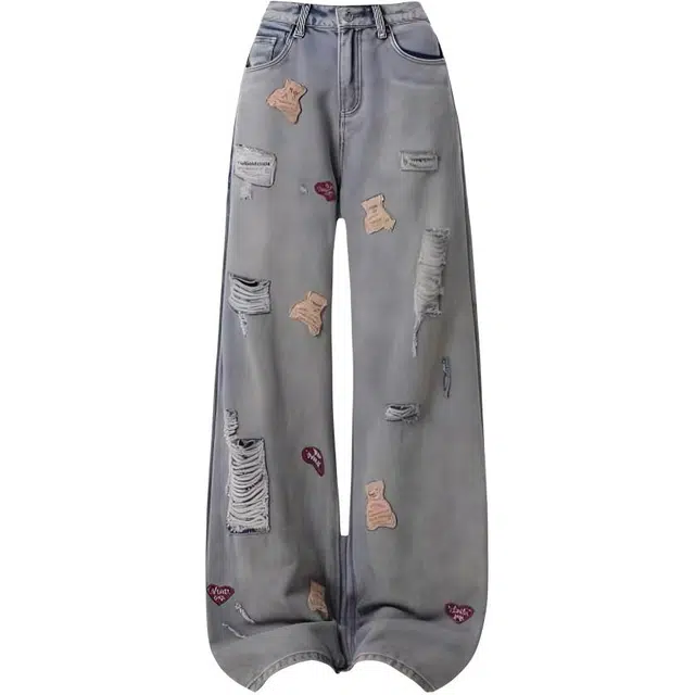 米囹破洞牛仔裤 美式高街水洗小熊刺绣设计感阔腿裤