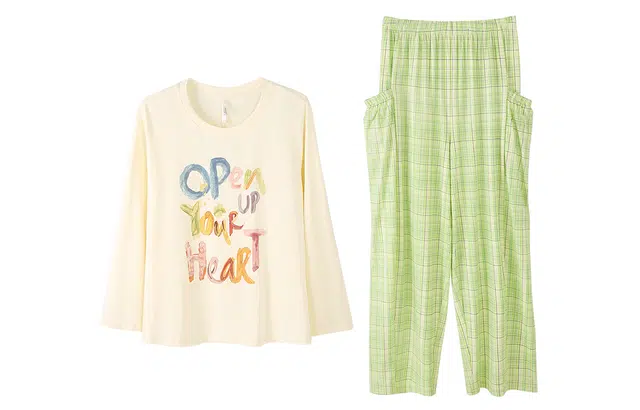 安之伴 春秋季柔软纯棉长袖长裤可外穿家居服清新甜美字母印花宽松格子睡衣套装 女款