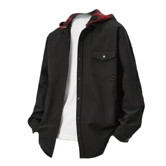 半空山 纯色简约格子拼色连帽衬衫宽松百搭潮流舒适日常通勤早秋薄款夹克外套 男女同款