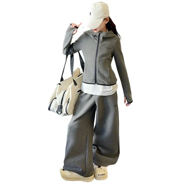 蓝彩何休闲运动套装 女童卫衣装春秋装款女孩中大童连帽儿童嵌绳童装两件套潮