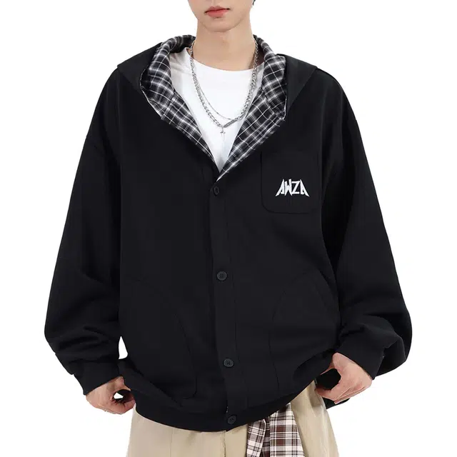 艾梵斯贝 美式复古潮流格子拼接春秋设计款无性别日常通勤百搭宽松休闲时尚高级感简约学院文艺风连帽情侣款开衫卫衣 男女同款