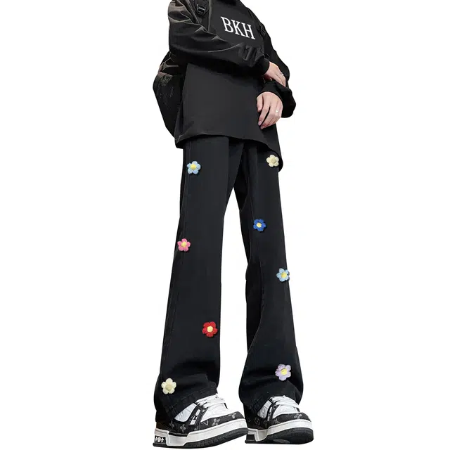 【3D立体线绒刺绣】布客行 修身显腿长显高显瘦美式高街纯色微喇复古弯刀水洗透气舒适亲肤百搭阔腿直筒休闲长裤文艺风牛仔裤 男女同款