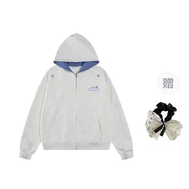 涂诗菲 美式复古学院风小众设计感气质百搭格纹拼接休闲宽松外套卫衣 女款