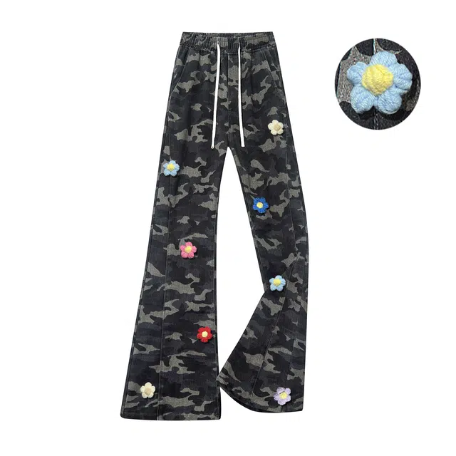 【3D立体花卉刺绣】布客行 美式高街显高显瘦修身迷彩重工斜切拼接微喇复古水洗休闲直筒透气弹力松紧腰抽绳百搭阔腿长裤牛仔裤 男女同款