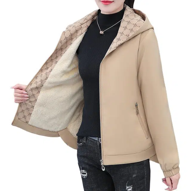 缪斯的诱惑 休闲时尚简约连帽纯色设计亲肤柔软宽松显瘦轻便优雅显气质保暖舒适百搭上衣外套夹克 女款