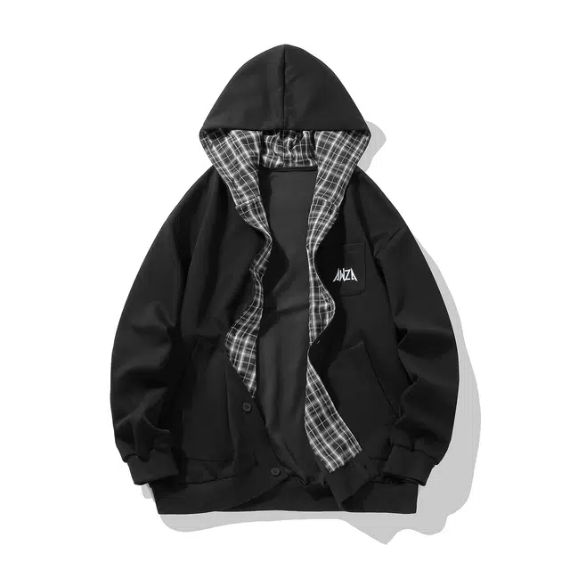 艾梵斯贝 美式复古潮流格子拼接春秋设计款无性别日常通勤百搭宽松休闲时尚高级感简约学院文艺风连帽情侣款开衫卫衣 男女同款