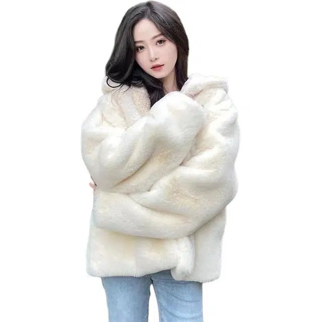 邓大喵 秋冬季仿加厚獭兔毛连帽百搭大衣环保外穿显瘦潮皮草 女款