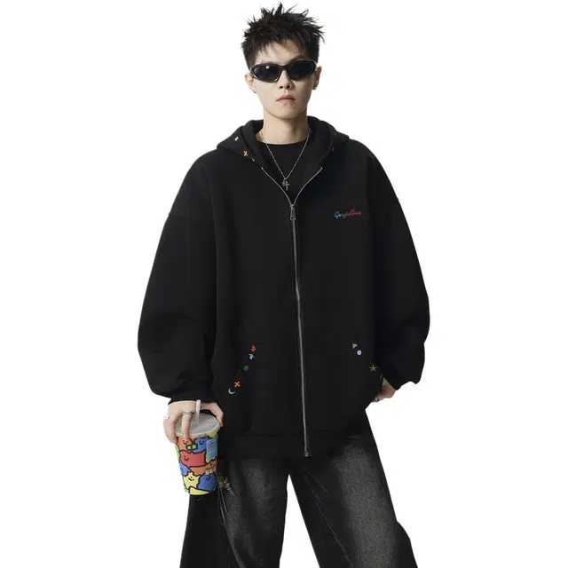 冈哉 美式经典基础款重磅字母刺绣开衫拉链宽松百搭痞帅个性潮流潮牌时尚慵懒感学院风日常通勤柔软舒适亲肤上衣卫衣  男女同款