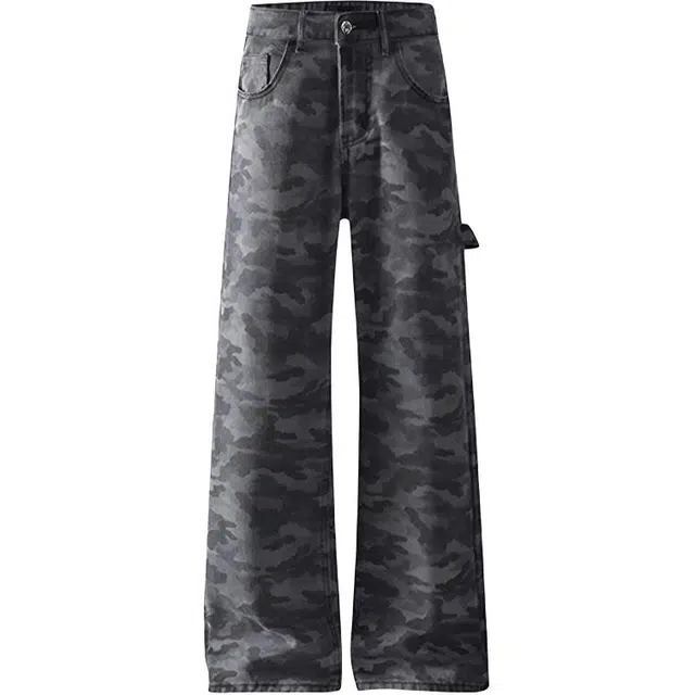 拾个壹先生 美式高街小众痞帅潮流迷彩复古系带宽松休闲百搭直筒工装裤无性别主义穿搭亲肤柔软时尚舒适个性裤设计感长裤牛仔裤 男女同款