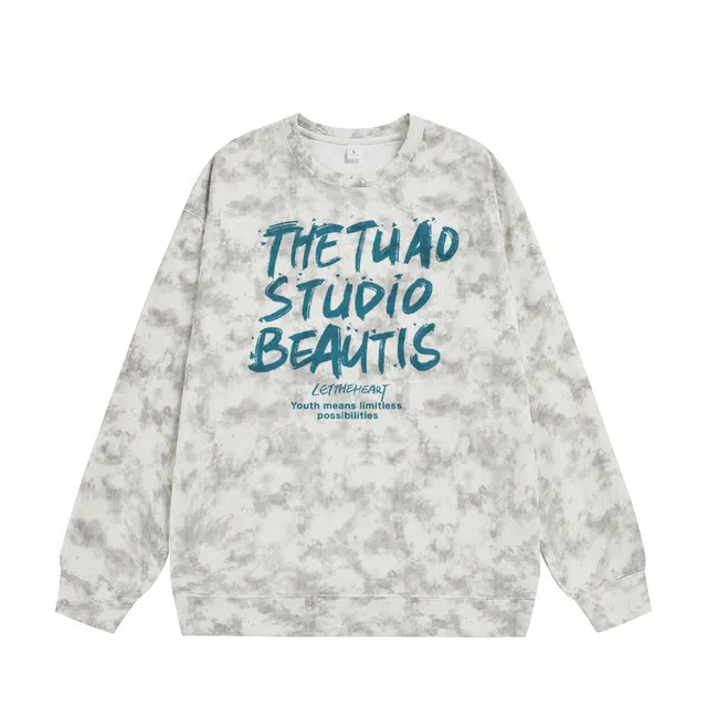 诗丹帝国 美式扎染字母外套春秋男士宽松设计感痞帅圆领潮牌重磅小众脏脏上衣早秋无帽卫衣 男款