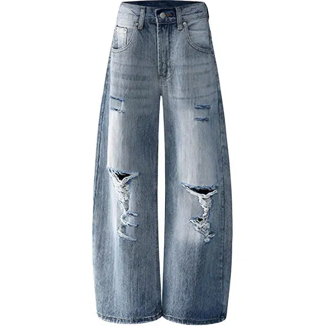 拾个壹先生 美式复古小众痞帅潮流竹节纹破洞裤潮牌做旧设计感长裤无性别主义穿搭亲肤柔软时尚舒适个性高街弯刀阔腿裤牛仔裤 男女同款