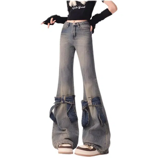 木木兔 潮流时尚秋季裤子女美式复古蝴蝶结微喇叭裤辣妹高腰显瘦直筒阔腿长裤 牛仔裤 女款