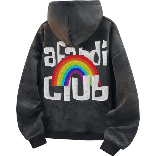 阿凡迪 美式复古街头简约基础扎染仿万针刺绣彩虹字母潮牌印花宽松舒适休闲百搭时尚潮流通勤无性别主义抽绳长袖重磅连帽卫衣 男女同款