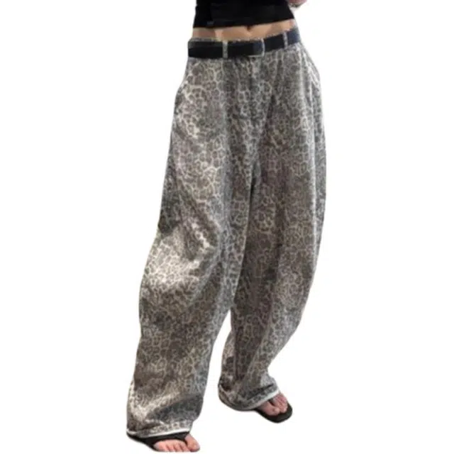 么宁 美式复古豹纹弯刀高腰宽松直筒梧桐阔腿拖地镰刀裤子牛仔裤 女款