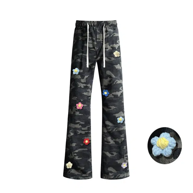 【3D立体花卉刺绣】布客行 美式高街显高修身迷彩重工斜切拼接微喇复古水洗牛仔裤弹力松紧腰抽绳直筒透气舒适百搭阔腿休闲裤 男女同款
