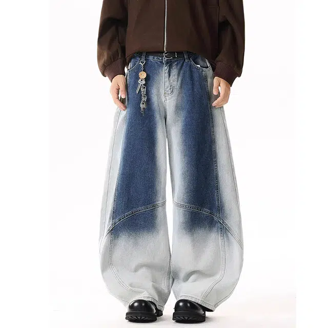 如续 美式复古渐变水洗弯刀阔腿长裤街头痞帅炸街小众宽松拖地牛仔裤 男款