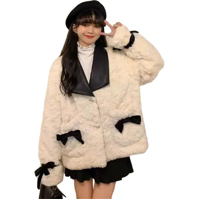 邓大喵 小香风蝴蝶结羊羔毛绒外套女年冬季小个子拼接宽松仿皮草 女款