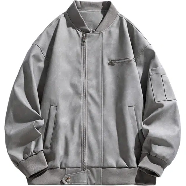 马员外 春秋季简约休闲时尚百搭飞行员宽松棒球领纯色潮流夹克外套 男款