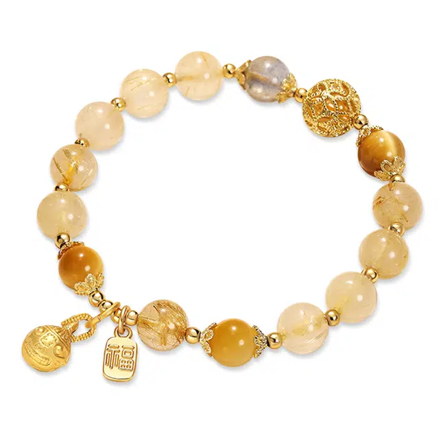 谧月珠宝 招财小霸王财源广进泼天赋贵多宝吞金兽福牌转运珠新中式暴富小财神增强运势文玩转运礼盒#好运天然 黄发晶 手串 男女同款情侣款
