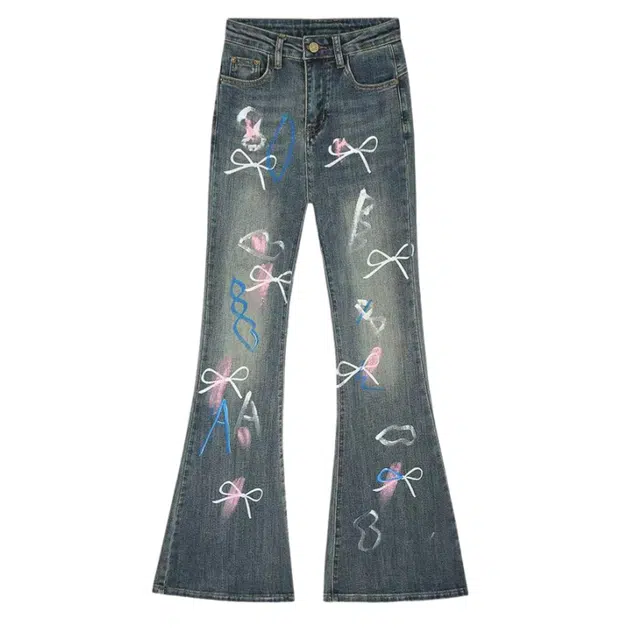 望莱仕 美式辣妹蝴蝶结涂鸦微喇女秋冬弹力修身显瘦高腰喇叭马蹄裤牛仔裤 女款