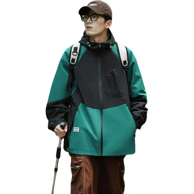左岸 春秋季美式潮牌百搭撞色拼接带帽开衫上衣宽松休闲舒适山系户外防风工装风冲锋外套夹克 男款