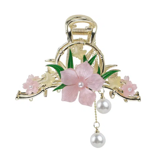 彤彤兔 粉色花朵流苏古风发饰时尚鲨鱼夹高级感小半扎发后脑勺 锌合金 发夹 女款