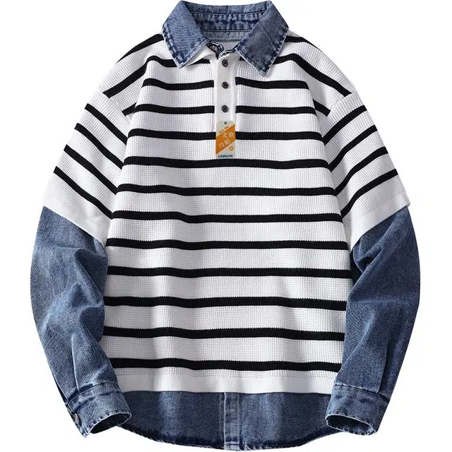 北欧攻略 秋冬季时尚翻领外套推荐假两件宽松打底衫美式高街复古条纹撞色休闲百搭潮流上衣学院风无性别主义套头针织衫 男女同款