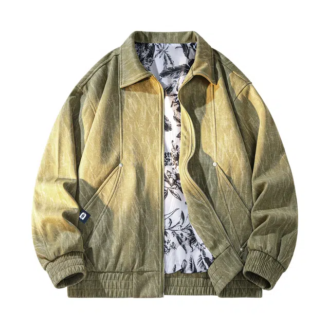 敦煌博物馆 美式复古翻领解构分割设计高街先锋扎染肌理感防风拉链大码百搭简约品牌织唛标宽松休闲痞帅夹克外套 男女同款