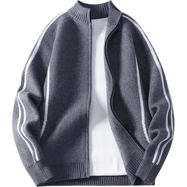 马员外 男士外套潮流圆领秋冬季保暖宽松开衫条纹简约百搭针织衫 男款