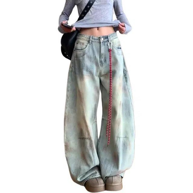 轻迎 宽松显瘦阔腿扎染休闲高腰牛仔裤 女款