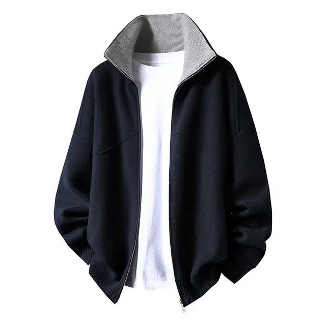 素杭 美式重磅撞色翻领针织毛衣开衫外套搭配设计感拼接条纹松紧腰直筒阔腿长裤两件套时尚穿搭一整套休闲运动套装 男女同款