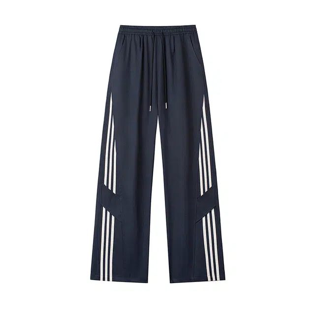 素杭 美式重磅撞色翻领针织毛衣开衫外套搭配设计感拼接条纹松紧腰直筒阔腿长裤两件套时尚穿搭一整套休闲运动套装 男女同款