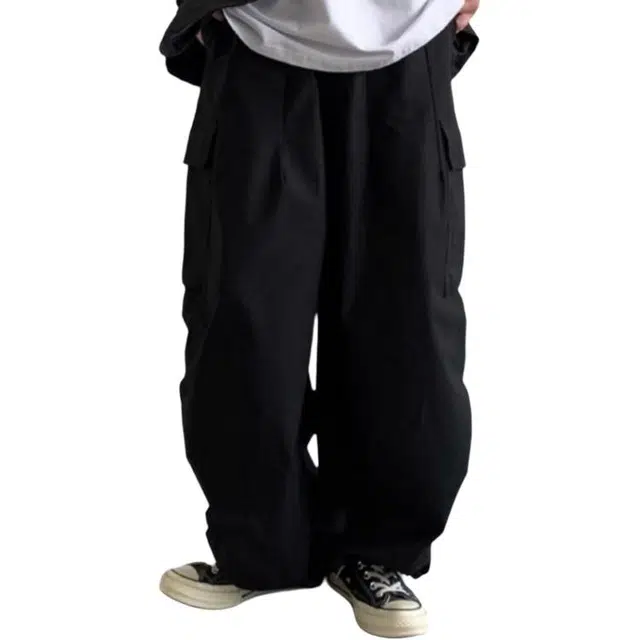 大格子与黑猫 日系复古宽松阔腿长裤百搭直筒束脚休闲裤子潮工装裤 男女同款