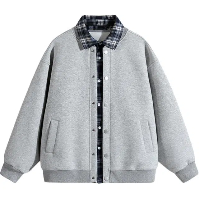 马员外 开衫学院美式情侣款格子拼接百搭时尚简约宽松夹克 男女同款