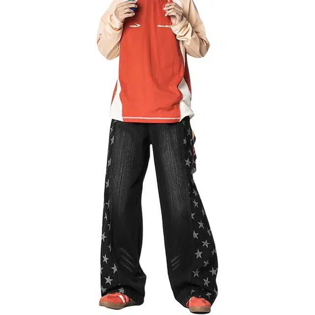 佐菲利 美式星星弯刀潮牌设计感阔腿裤子高街宽松水洗直筒裤牛仔裤 男女同款