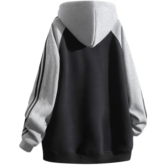 吾皇猫 学院风美式复古潮牌春秋款简约百搭拼接拼色字母印花条纹织带连帽套头宽松插肩袖休闲嘻哈重磅加绒加厚秋冬季长袖卫衣 男女同款