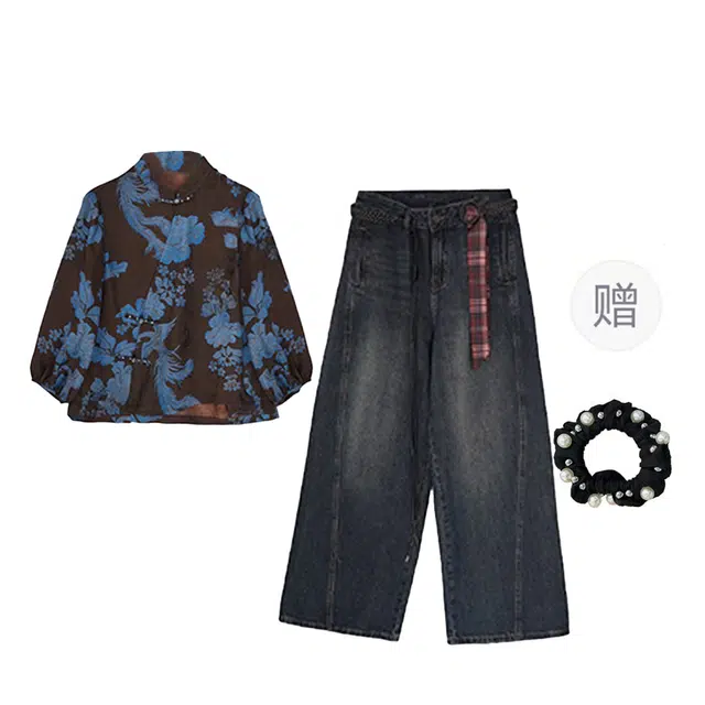 雾闪闪 减龄时尚复古衬衫阔腿裤两件套新中式盘扣休闲套装 女款