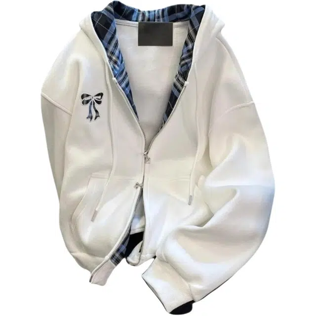 小卷要加油 美式拼接格纹连帽高级感开衫外套卫衣 女款