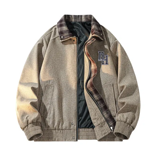 敦煌博物馆 美式高街复古万针刺绣休闲舒适宽松大码百搭日常通勤撞色拼接格纹设计翻领落肩长袖夹克外套 男女同款