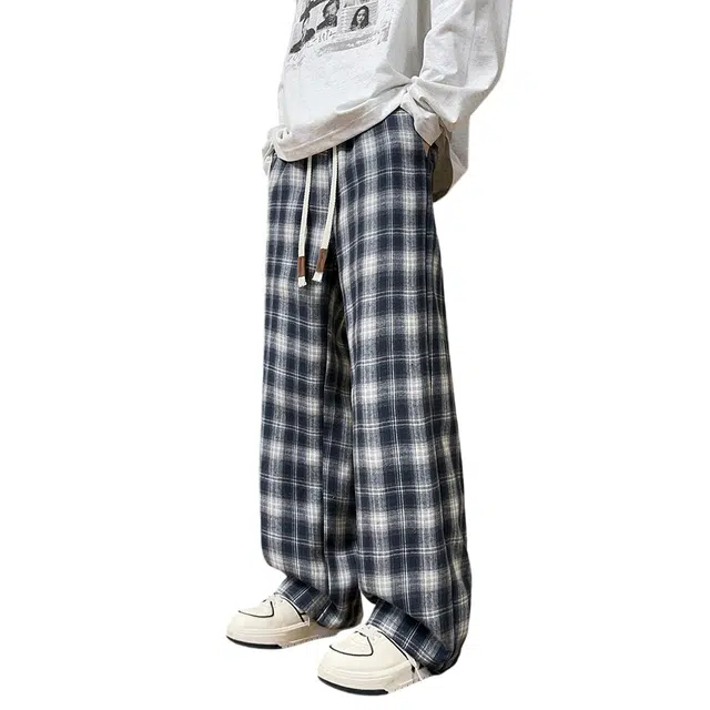 顶峰保罗 美式复古慵懒风抽绳黑白棋盘格纹直筒长裤显高显瘦无性别主义宽松大码潮牌阔腿运动裤弹力简约百搭拖地垂感休闲裤 男女同款
