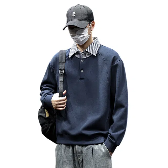 赛瀚 重磅衬衫假两件卫衣百搭款男装秋季舒适亲肤高级感拼接翻领长袖男款上衣宽松显瘦显高青少年高街外穿通勤男生外套 男女同款